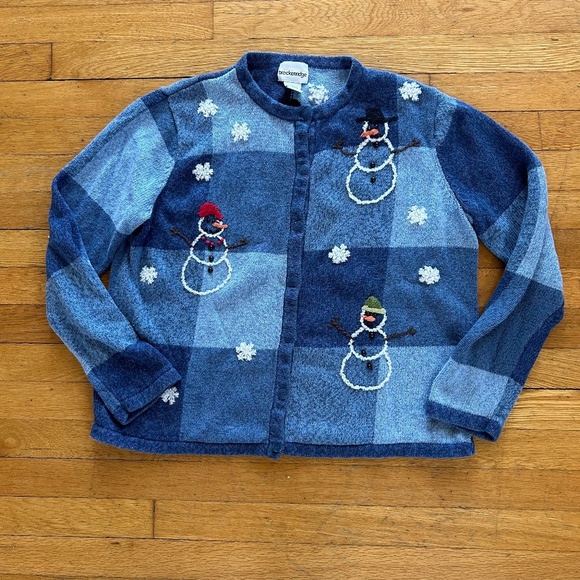 Breckenridge Snowman Cardigan Womens Size Large Vintage Blue Applique - Picture 2 of 10